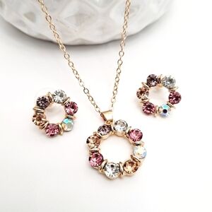 💖 Womens dainty Rainbow multicolor cute rhinestones Necklace‎ and earrings set